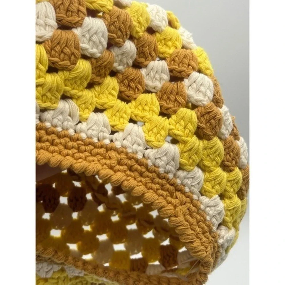Free People Womens Crochet Beret Hat Yellow Brown Granny Square Cotton Boho 70's